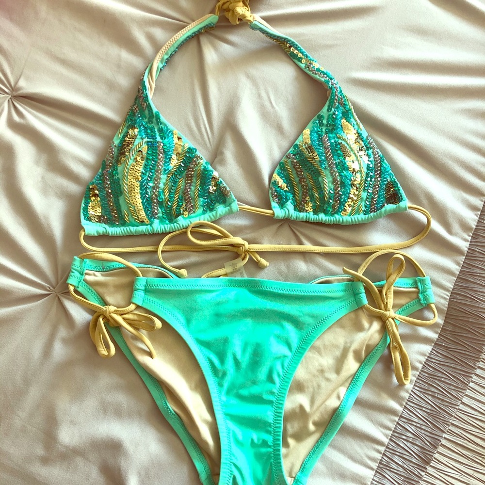 Turquoise Embellished Bikini